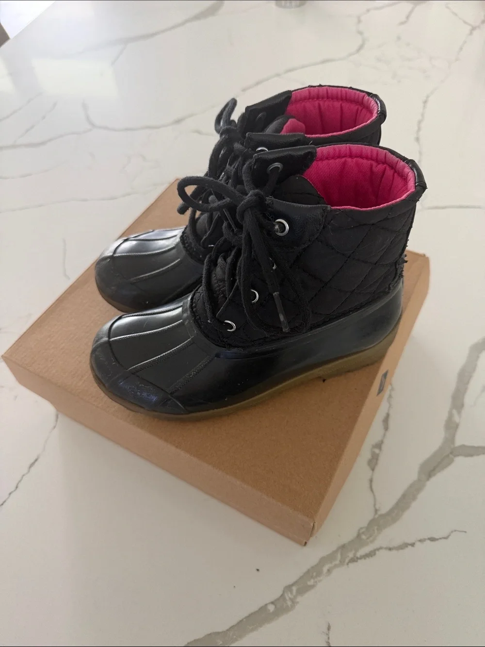Sperry Kids Black Rain Boots with Pink Lining, Size 1